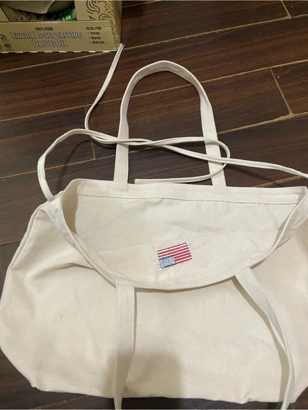 Canvas Tote Bag with American Flag Patch - Cream 14 X 5.5 x13”H